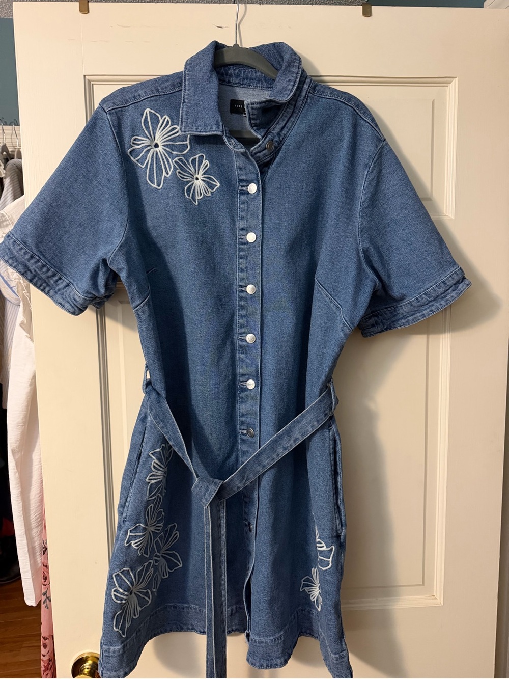 Embroidered Denim Shirt Midi Dress with Tie Belt - Blue